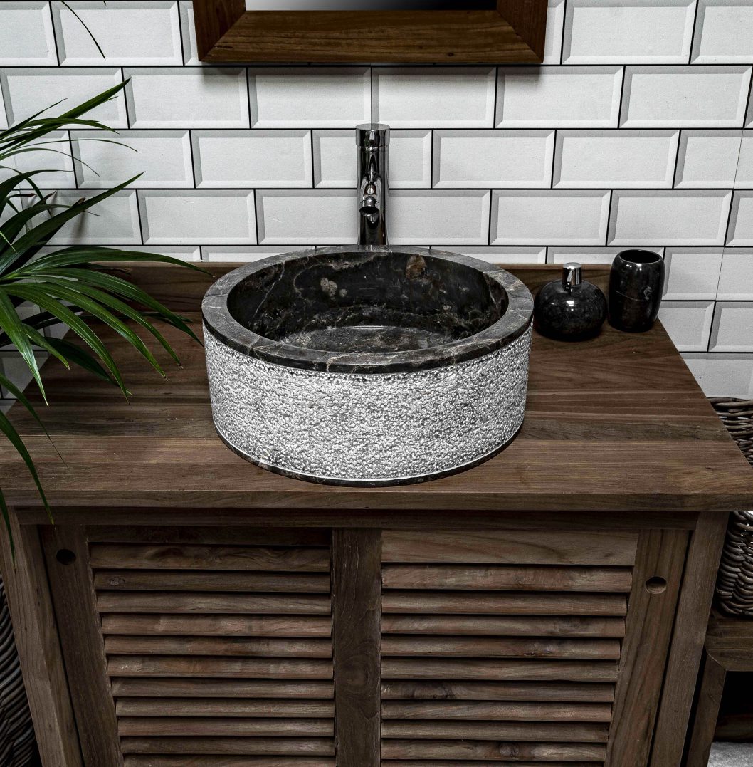 Cylindrical Grey Marble Sink with Hammered Exterior 40 x 15cm