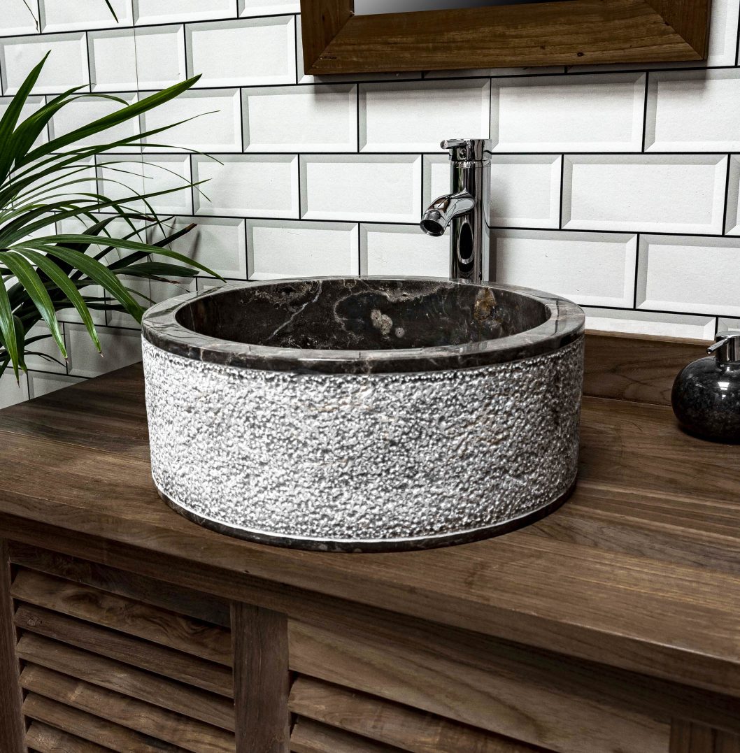 Cylindrical Grey Marble Sink with Hammered Exterior 40 x 15cm