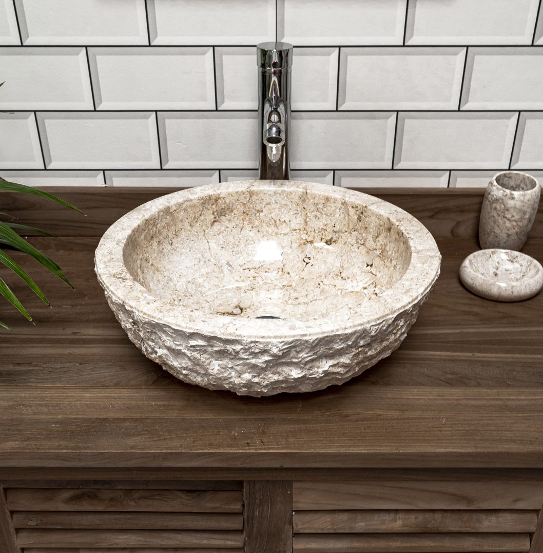 Cream Rough Hewn Stone Bowl Sink - 40 x 15cm.