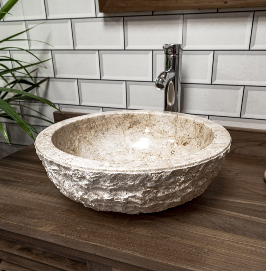 Cream Rough Hewn Stone Bowl Sink - 40 x 15cm.